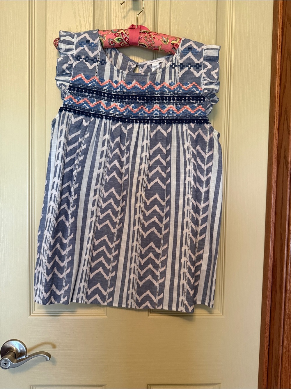 Tribal Blue and White Striped Smocked Top with Pink Accent